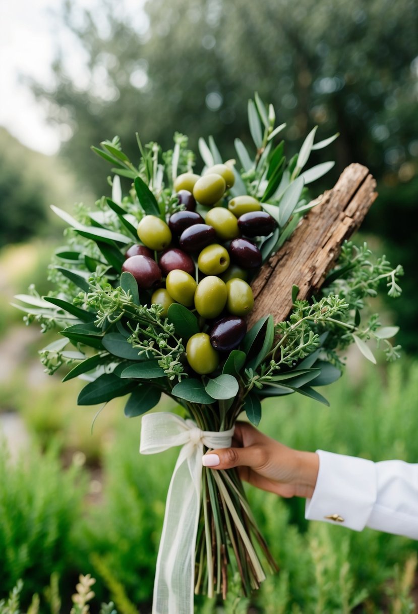 A lush, organic bouquet of Mediterranean olives and sola wood, tied with a delicate ribbon