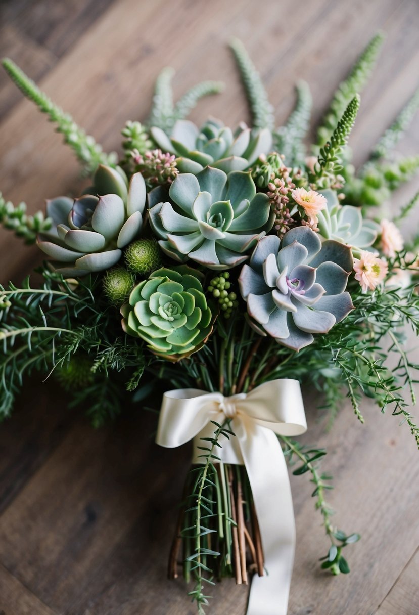 A lush bouquet of succulents and delicate flowers, accented with trailing greenery, tied with a satin ribbon