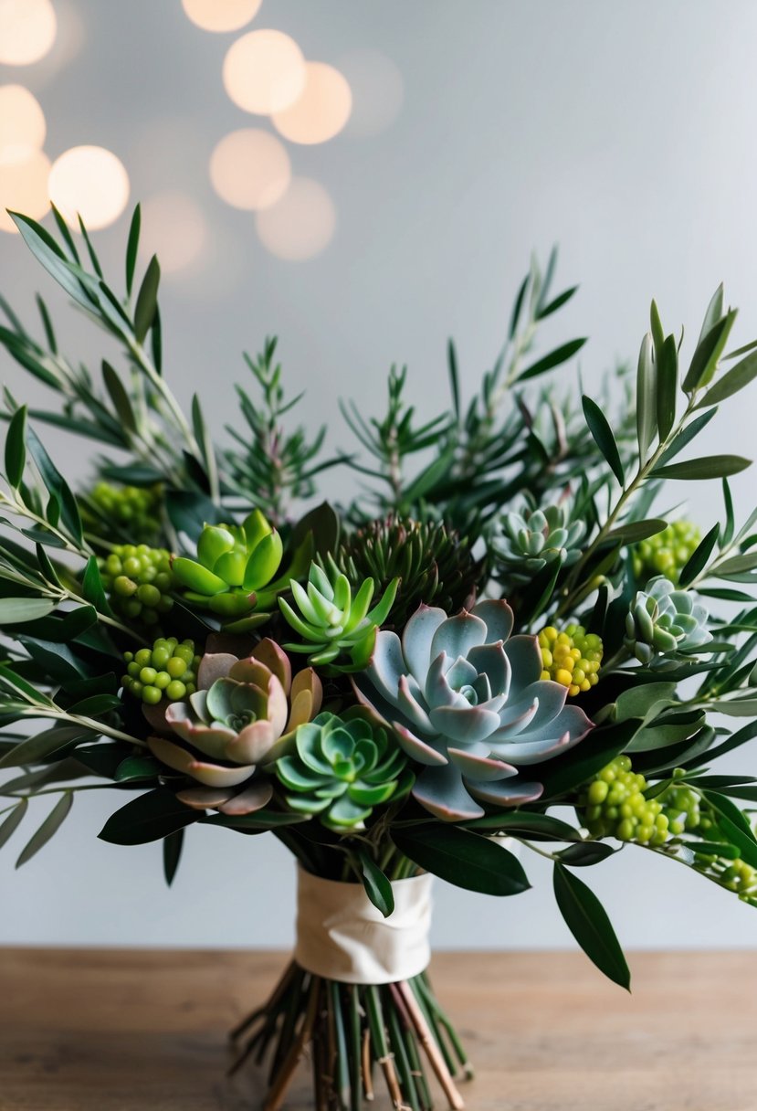 A modern bouquet featuring lush olive branches and vibrant succulents, arranged in a stylish and elegant manner