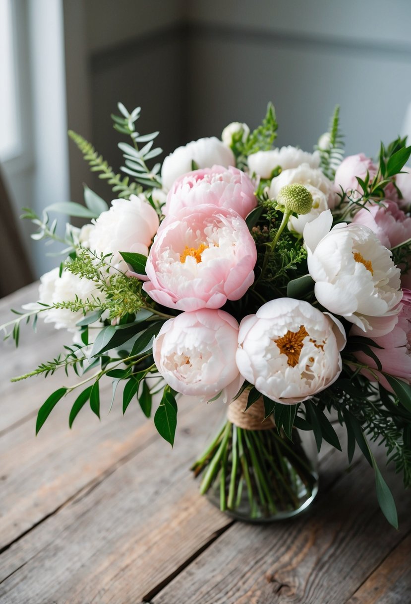 A lush bouquet of blush and white peonies, accented with delicate greenery, sits on a rustic wooden table