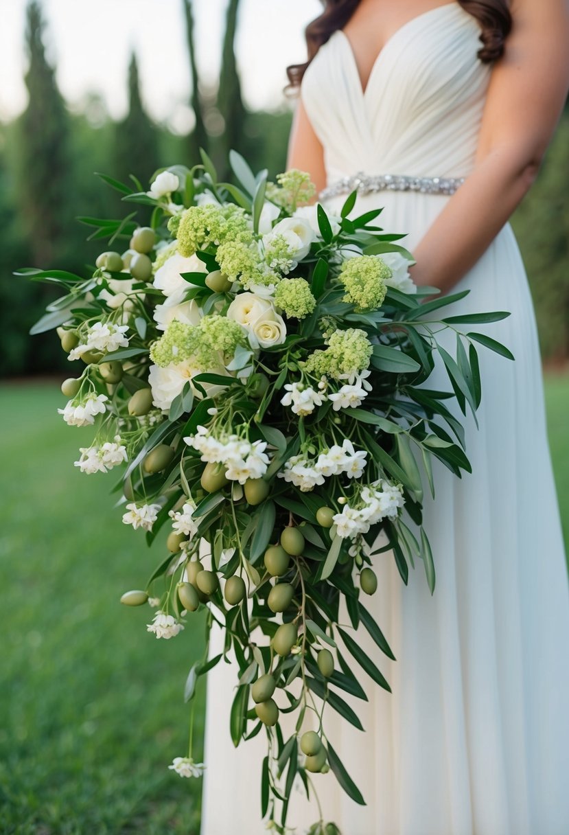 A cascading olive and jasmine bouquet with whimsical charm