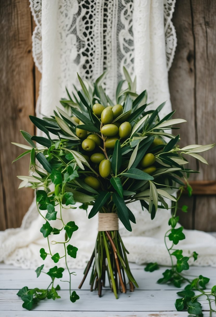 A lush olive bouquet with trailing ivy, set against a bohemian backdrop of rustic wood and vintage lace