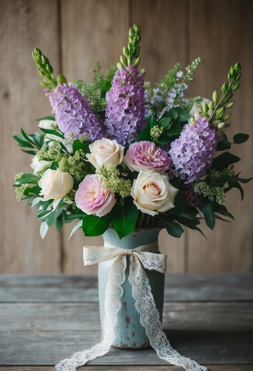 A vintage-inspired bouquet of lilacs, roses, and greenery tied with lace ribbon, placed in a rustic, weathered vase