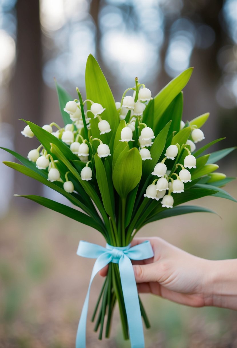 A small, elegant bouquet of olives and lily of the valley tied with a ribbon