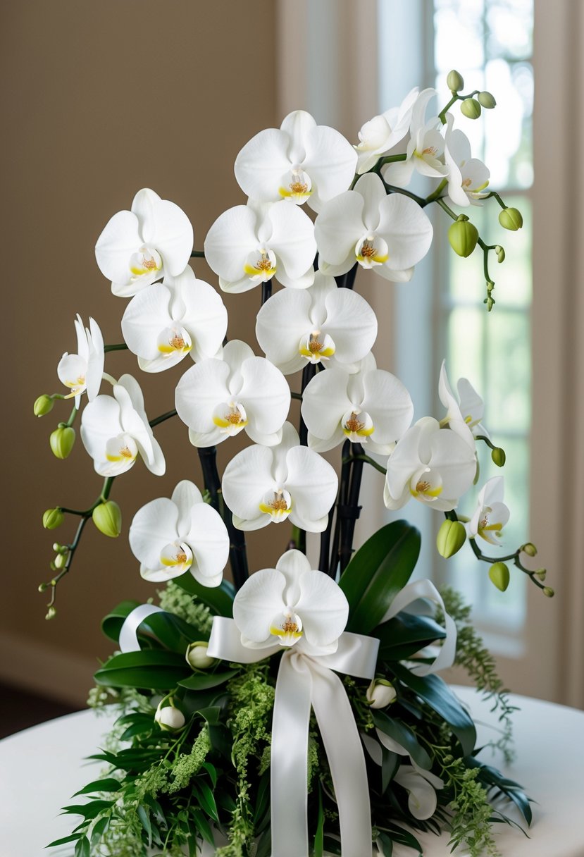 A bouquet of classic white orchids arranged in a romantic and elegant style, with cascading greenery and delicate ribbon accents