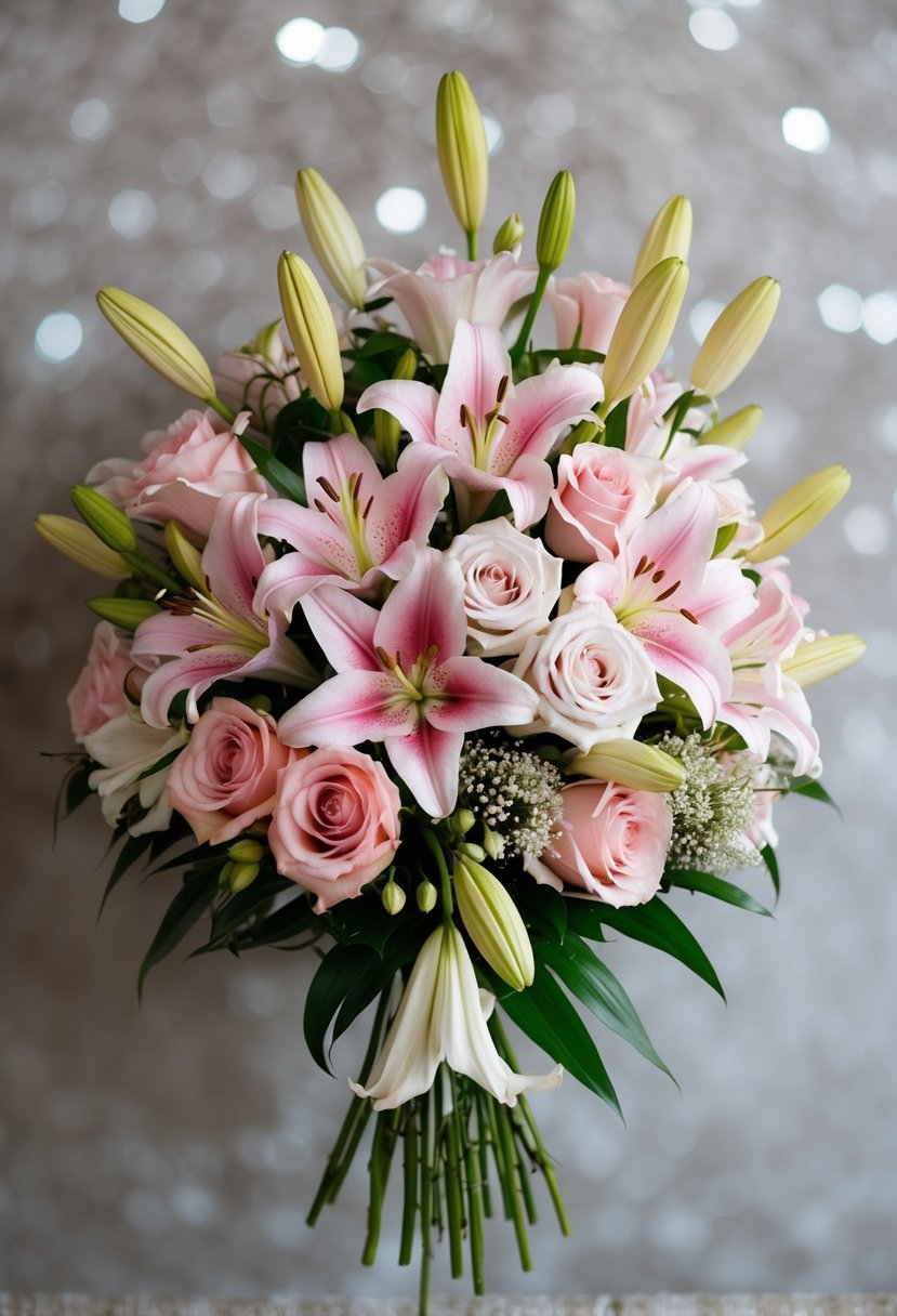 A delicate bouquet of soft pink lilies and roses arranged in a romantic, cascading style