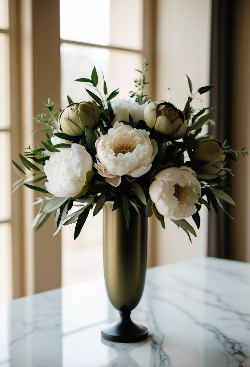 An elegant olive and silk peony wedding bouquet arranged in a tall, slender vase on a marble tabletop