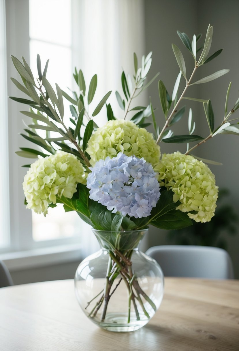 A simple, elegant bouquet of olive branches and hydrangea blooms in a clear glass vase