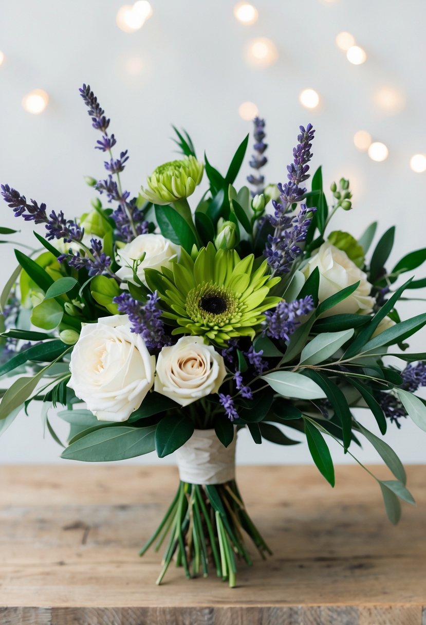 A chic wedding bouquet featuring olive and lavender flowers arranged in a stylish composition