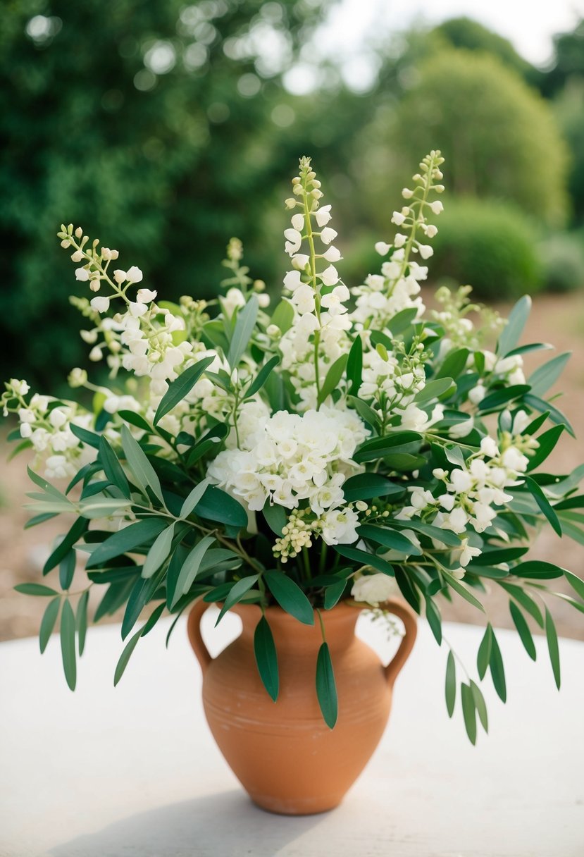 A lush Grecian olive and honeysuckle wedding bouquet, with delicate green leaves and fragrant white flowers, nestled in a rustic terracotta vase