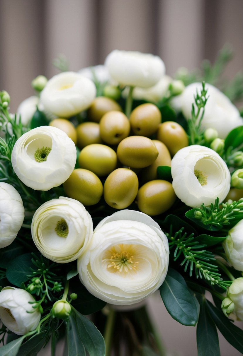 A cluster of green olives and delicate ranunculus flowers intertwined in a romantic wedding bouquet