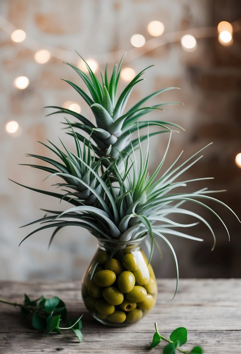 A bouquet of fresh olives and air plants arranged in a rustic, earthy style