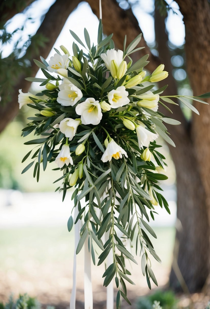 An elegant bouquet of olive branches and freesia arranged in a delicate, cascading assembly