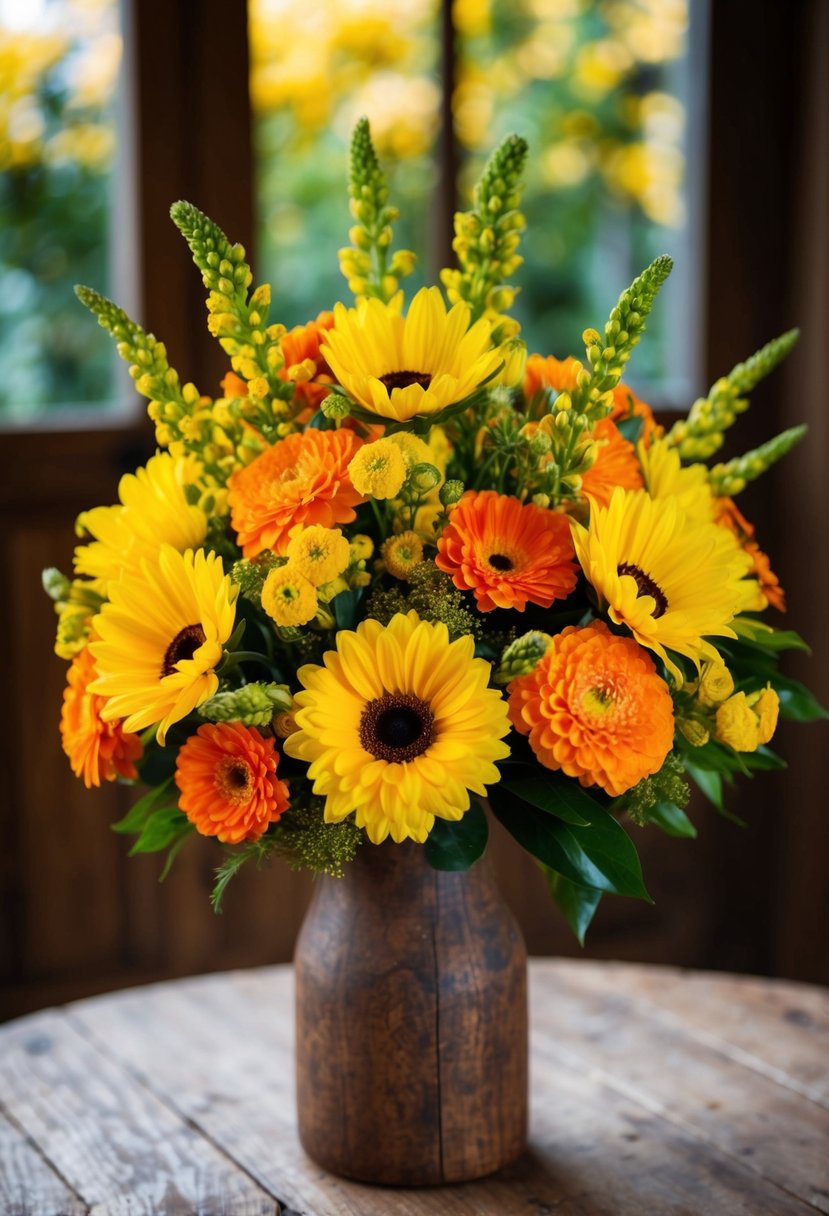 A vibrant bouquet of yellow and orange flowers arranged in a rustic wooden vase