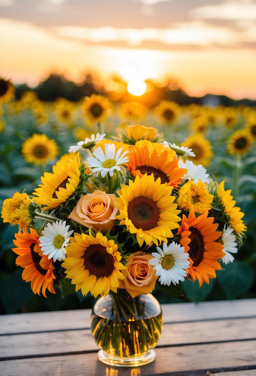 A vibrant yellow and orange bouquet of sunflowers, roses, and daisies, illuminated by the warm glow of a setting sun