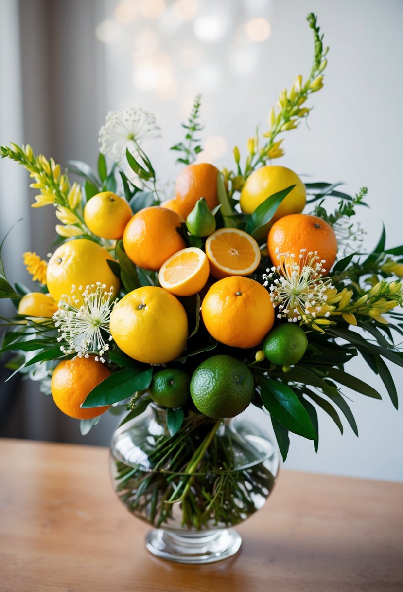 A vibrant bouquet of yellow and orange citrus fruits, intertwined with fresh greenery and delicate white blooms, arranged in a clear glass vase