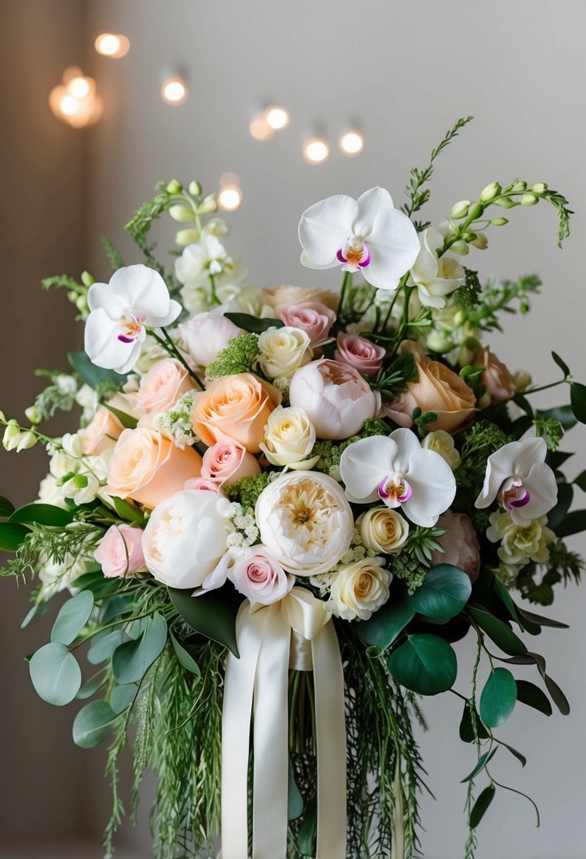 A lavish wedding bouquet featuring a mix of roses, peonies, and orchids, accented with cascading greenery and tied with a satin ribbon