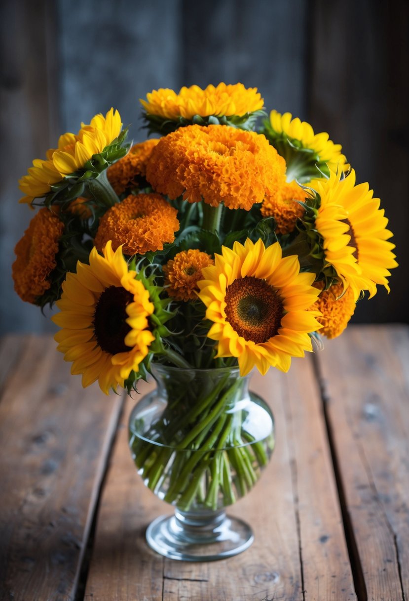 A vibrant bouquet of marigolds and sunflowers arranged in a glass vase on a rustic wooden table