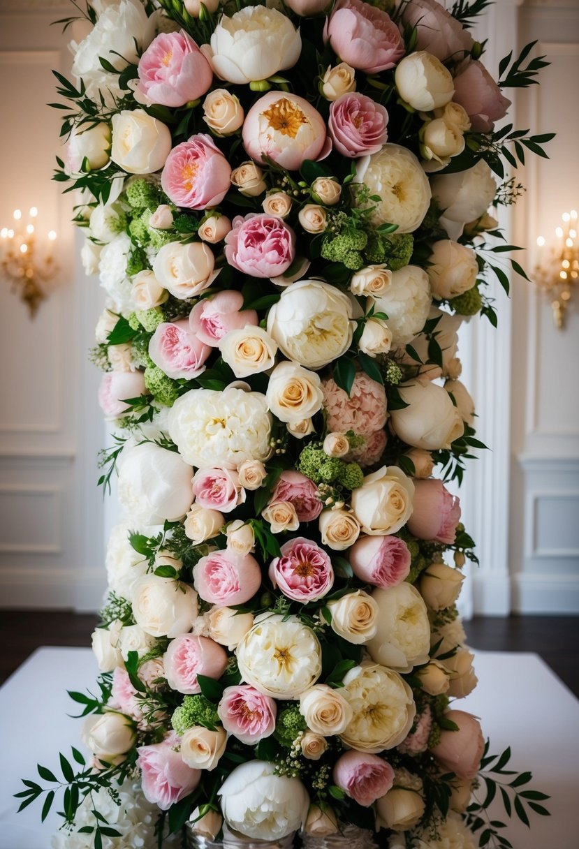 A lavish cascade of opulent roses and peonies, arranged in a luxurious wedding bouquet