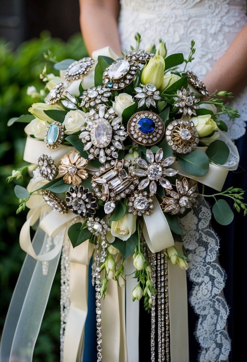 A lush arrangement of vintage-inspired brooches and jewels, intertwined with cascading ribbons and delicate lace, creating a luxurious wedding bouquet