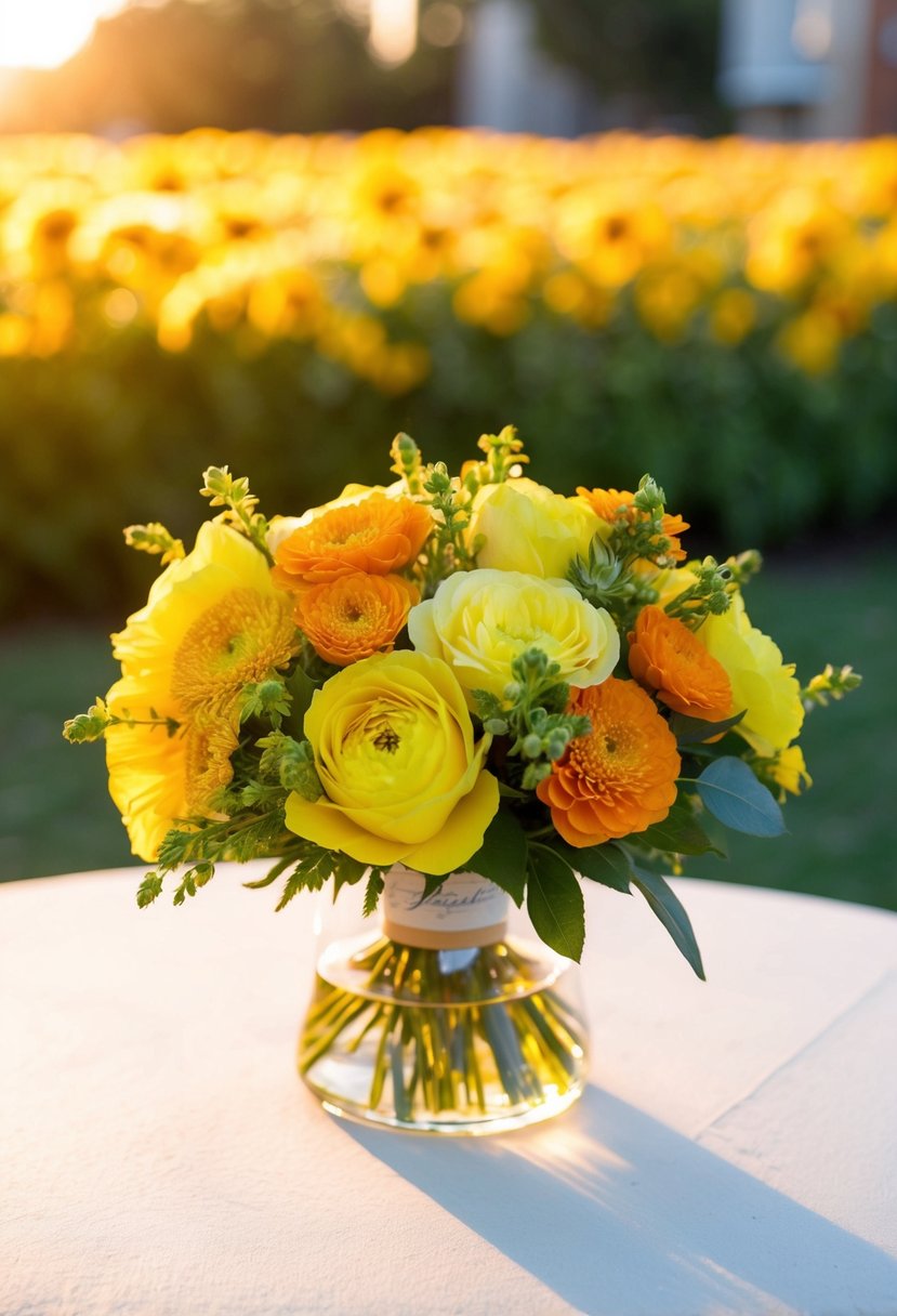 A golden hour posy bouquet with yellow and orange flowers, bathed in warm sunlight