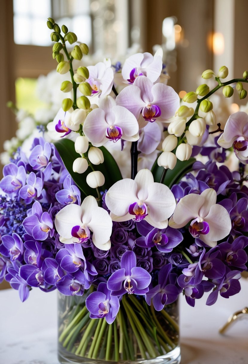 A lavish bouquet featuring a mix of lavender and white orchids, arranged in a luxurious and elegant style