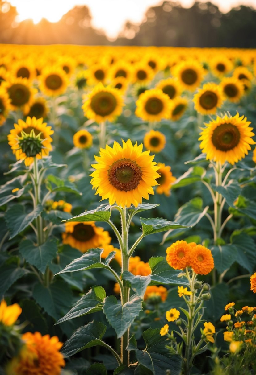 A field of sunflowers and marigolds, bathed in golden sunlight, with a scattering of orange and yellow wildflowers