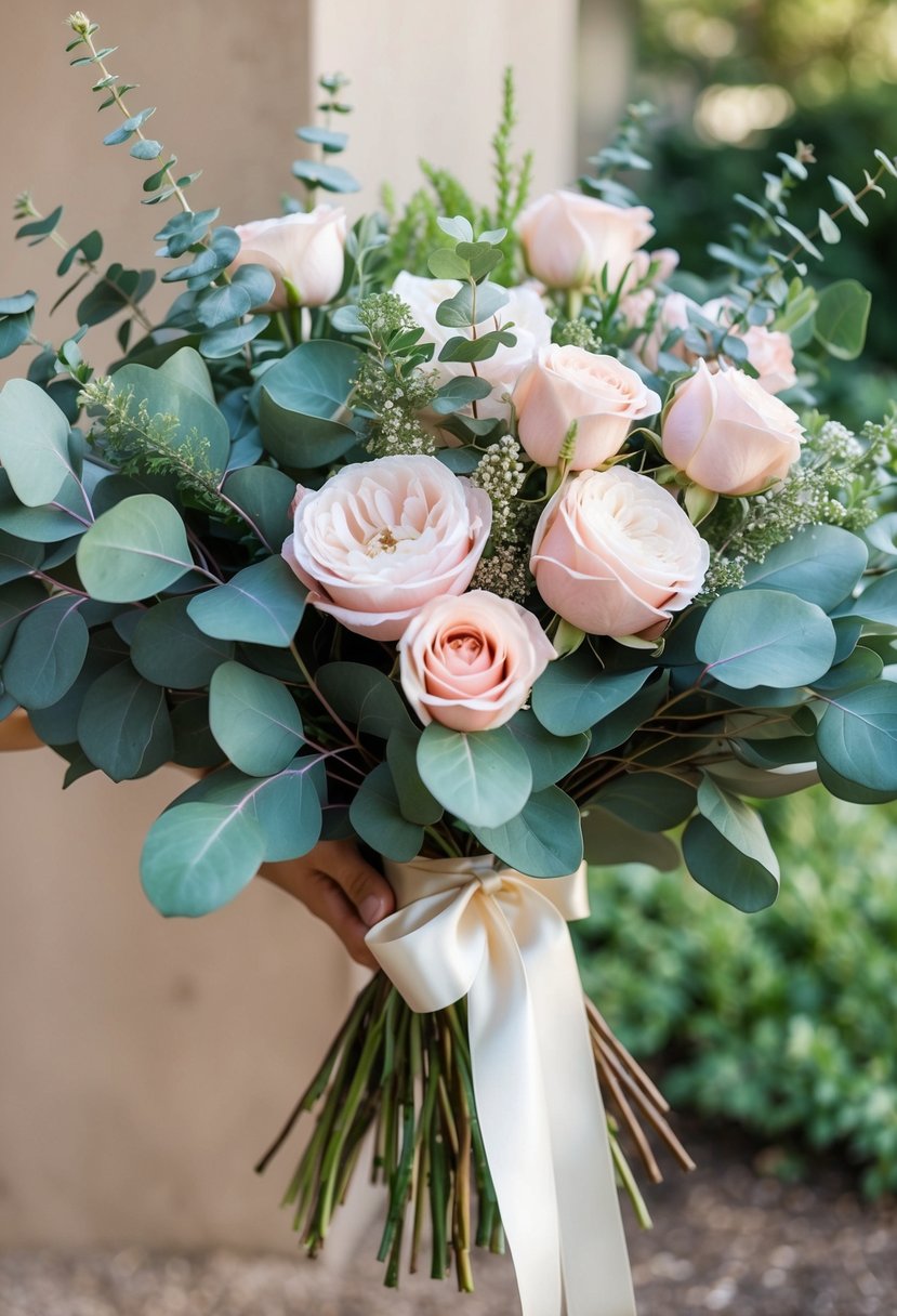 A lush bouquet of eucalyptus and blush garden roses, accented with delicate greenery and tied with a satin ribbon