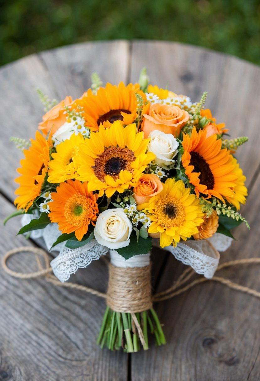 A bright yellow and orange wedding bouquet featuring sunflowers, roses, and daisies, arranged in a rustic, hand-tied style with twine and lace accents