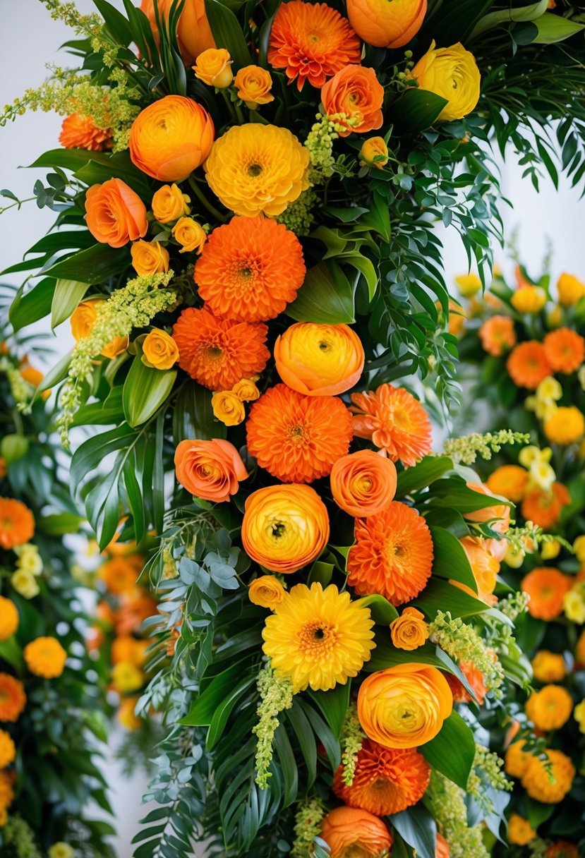 A vibrant bouquet of tangerine and yellow flowers arranged in a lush, cascading design with green foliage accents