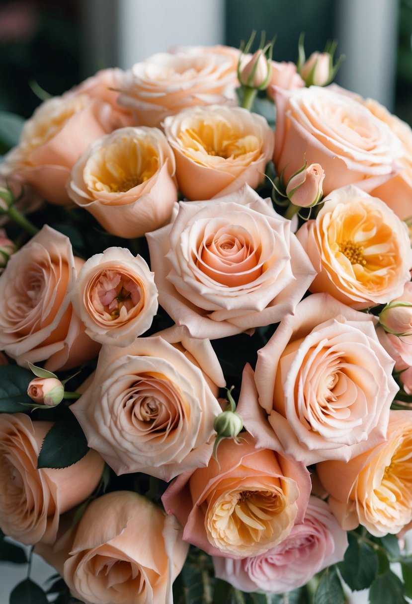 A lavish bouquet of peachy Juliet garden roses and delicate rose petals, arranged in a luxurious and elegant manner