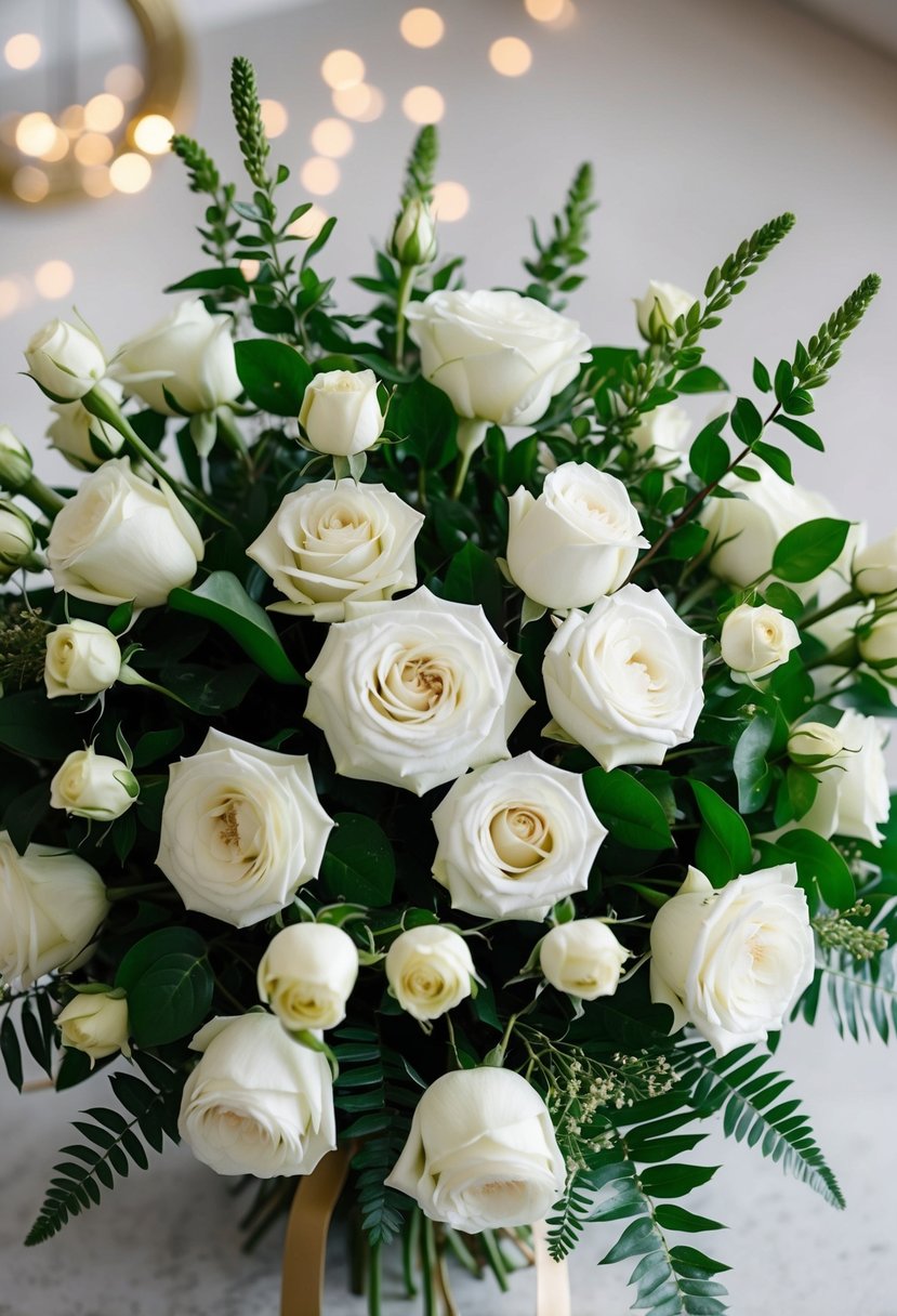 A lush bouquet of white garden roses and greenery arranged in a luxurious and elegant style