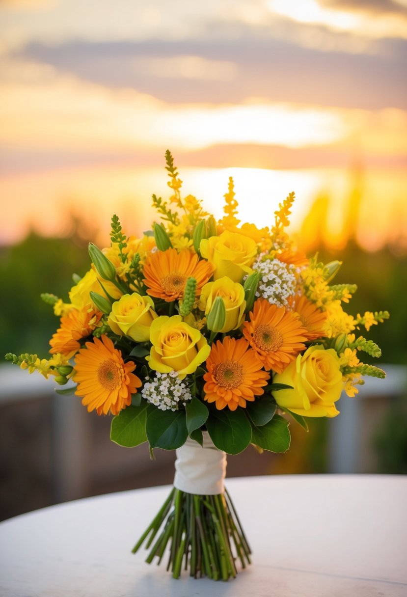 A vibrant bunch of yellow and orange flowers arranged in a wedding bouquet, illuminated by the warm glow of a radiant sunrise