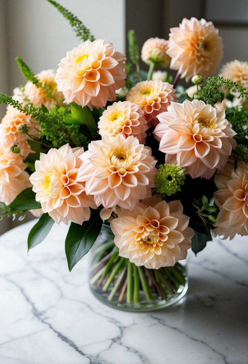 A lush bouquet of softly peachy dahlias, accented with greenery, sits on a marble table