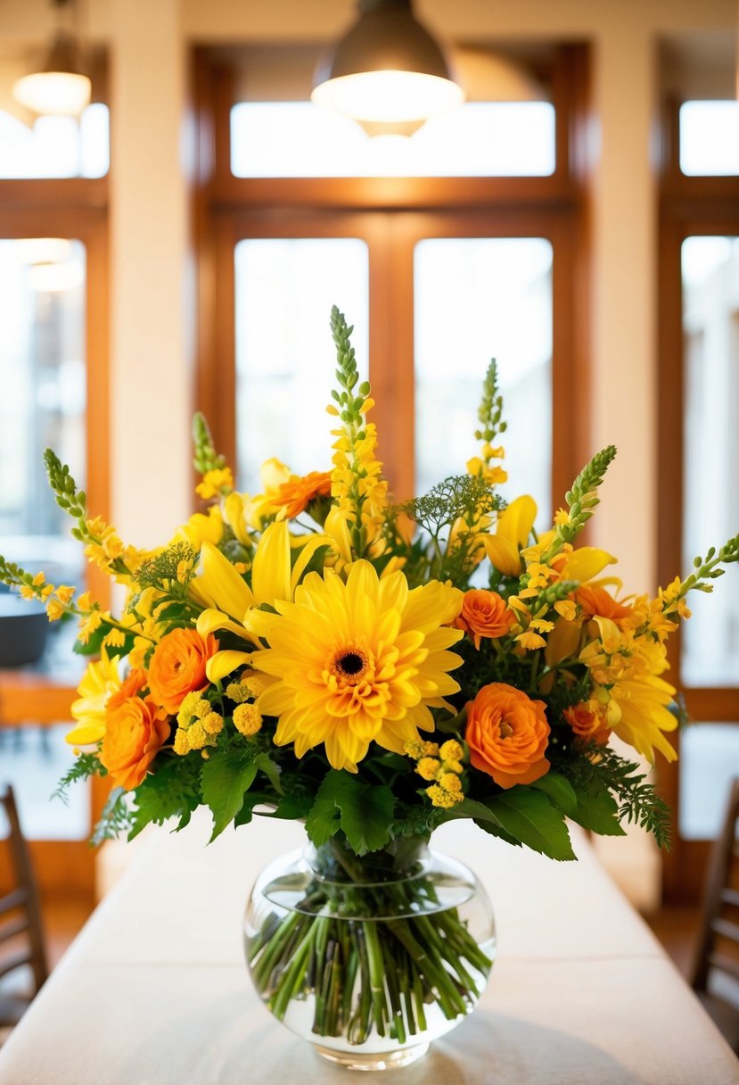 A table adorned with a vibrant bouquet of yellow and orange flowers, illuminated by soft, warm light