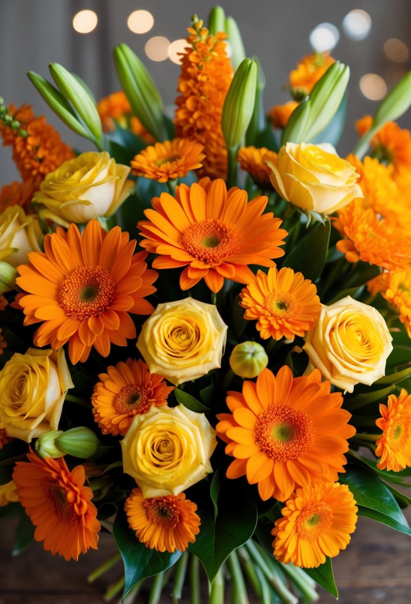 A vibrant bouquet of golden and orange flowers arranged in a symphony of color and elegance