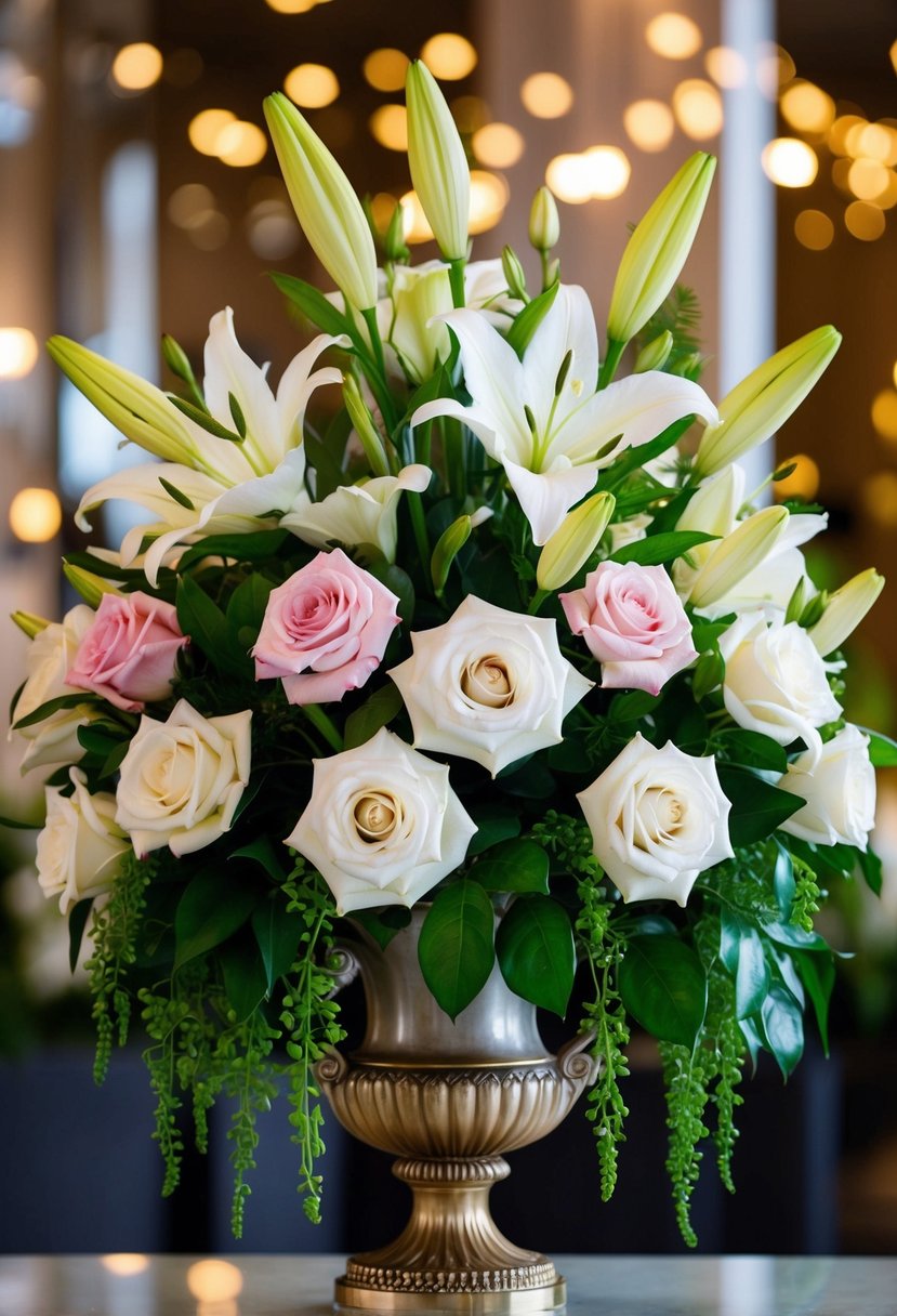 A lush bouquet of real touch roses and lilies cascading from an ornate vase