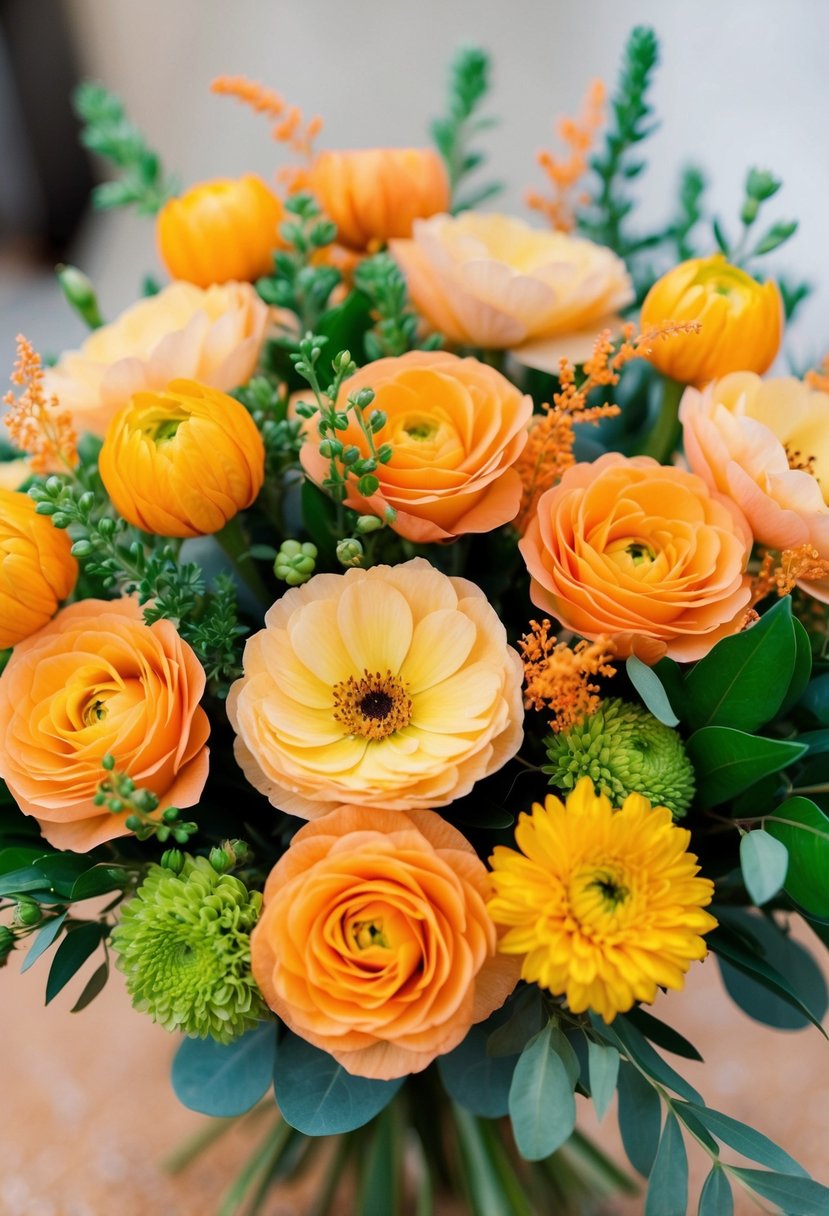 A vibrant bouquet of apricot and yellow flowers arranged in a posy style, with greenery and delicate orange accents