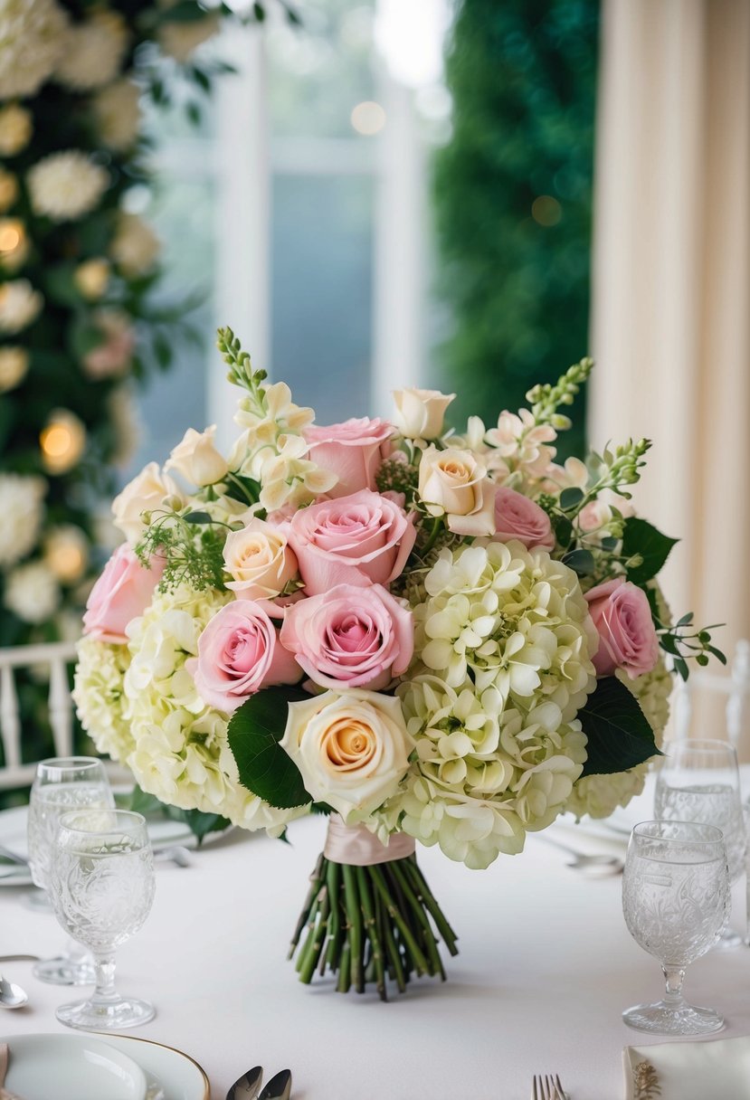 A lavish bouquet of Juliet garden roses and hydrangeas arranged in a luxurious wedding setting