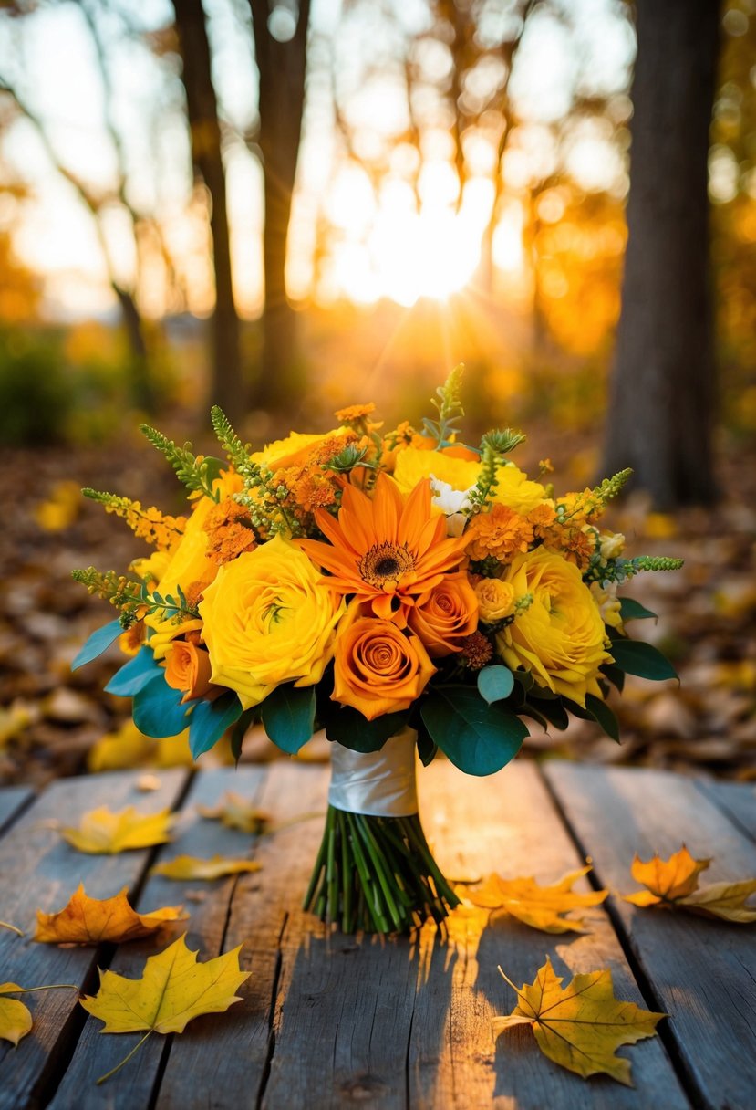 A vibrant yellow and orange wedding bouquet sits on a rustic wooden table, surrounded by fallen leaves and bathed in the warm light of an autumn sunrise