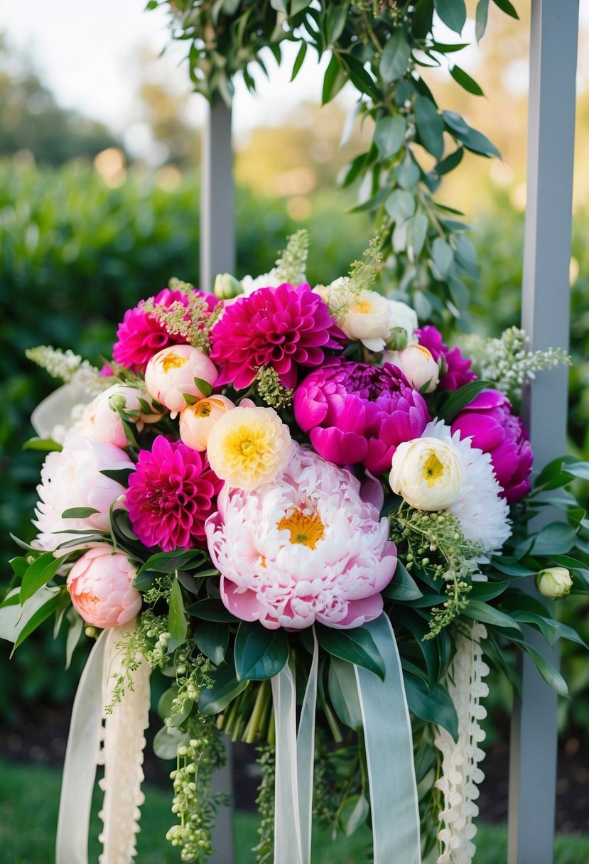 A lush bouquet of vibrant peonies and dahlias, accented with cascading greenery and delicate ribbons