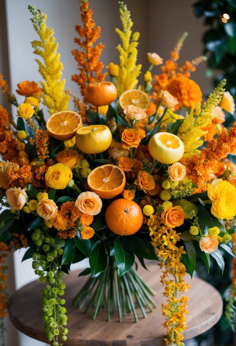 A vibrant bouquet of burnt citrus medley flowers in shades of yellow and orange, arranged in a lush and cascading design