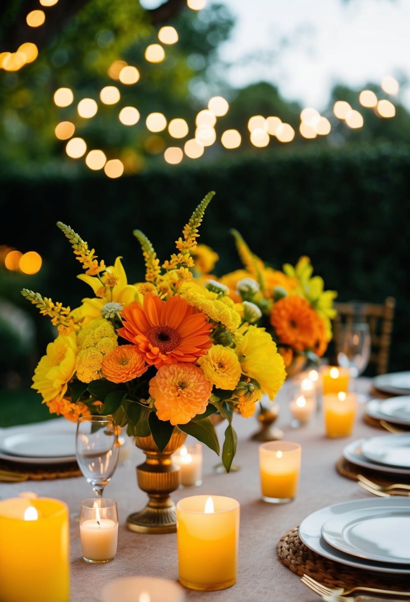 A table adorned with yellow and orange flowers, surrounded by soft candlelight