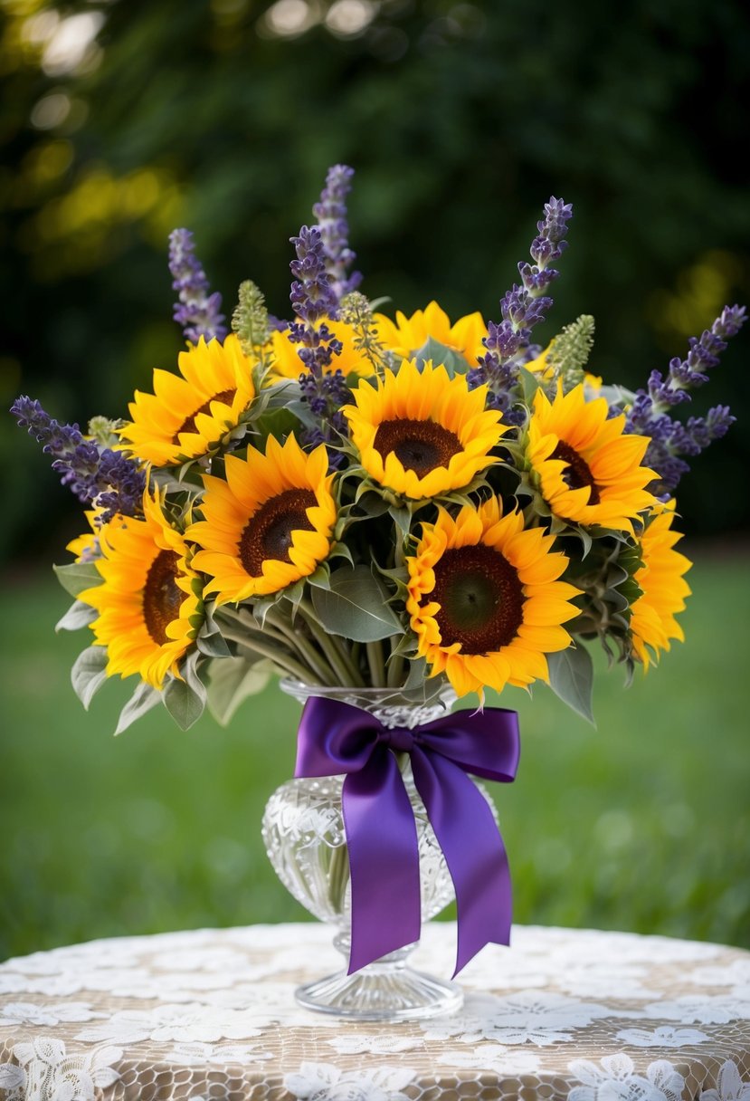 A vibrant bouquet of sunflowers and lavender, tied with a satin ribbon, sits in a crystal vase on a lace-covered table