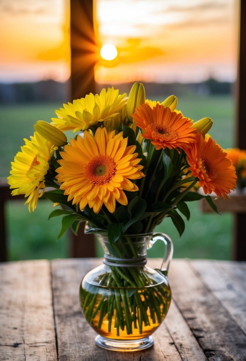 A tangerine sunrise bursts from a bouquet of yellow and orange flowers, arranged in a glass vase on a rustic wooden table