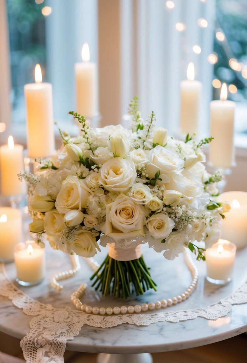 A classic white bouquet adorned with pearls sits elegantly on a marble tabletop, surrounded by soft candlelight and delicate lace