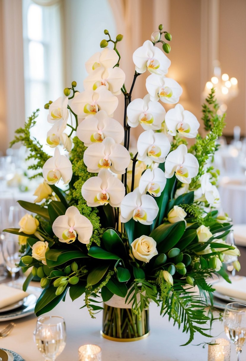 A lush bouquet of elegant orchids and greenery arranged in a luxurious and romantic wedding setting