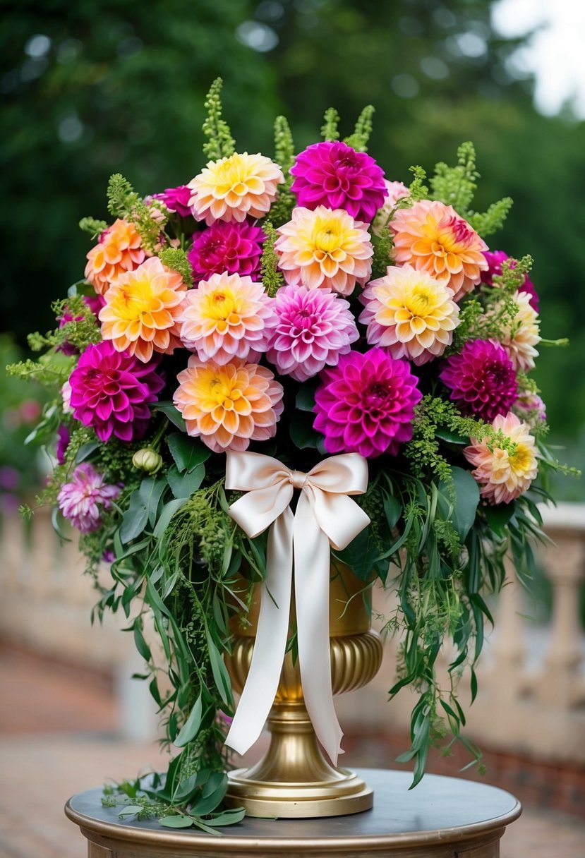 A lush bouquet of colorful dahlias, entwined with cascading greenery and tied with a satin ribbon, sits atop a gilded pedestal