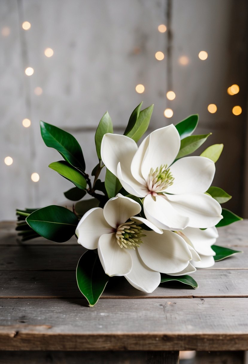 A lush magnolia wedding bouquet resting on a rustic wooden table