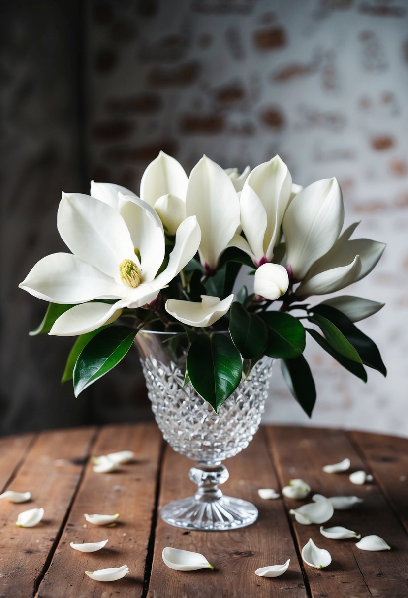 A lush white magnolia bouquet sits in a crystal vase on a rustic wooden table, surrounded by scattered petals